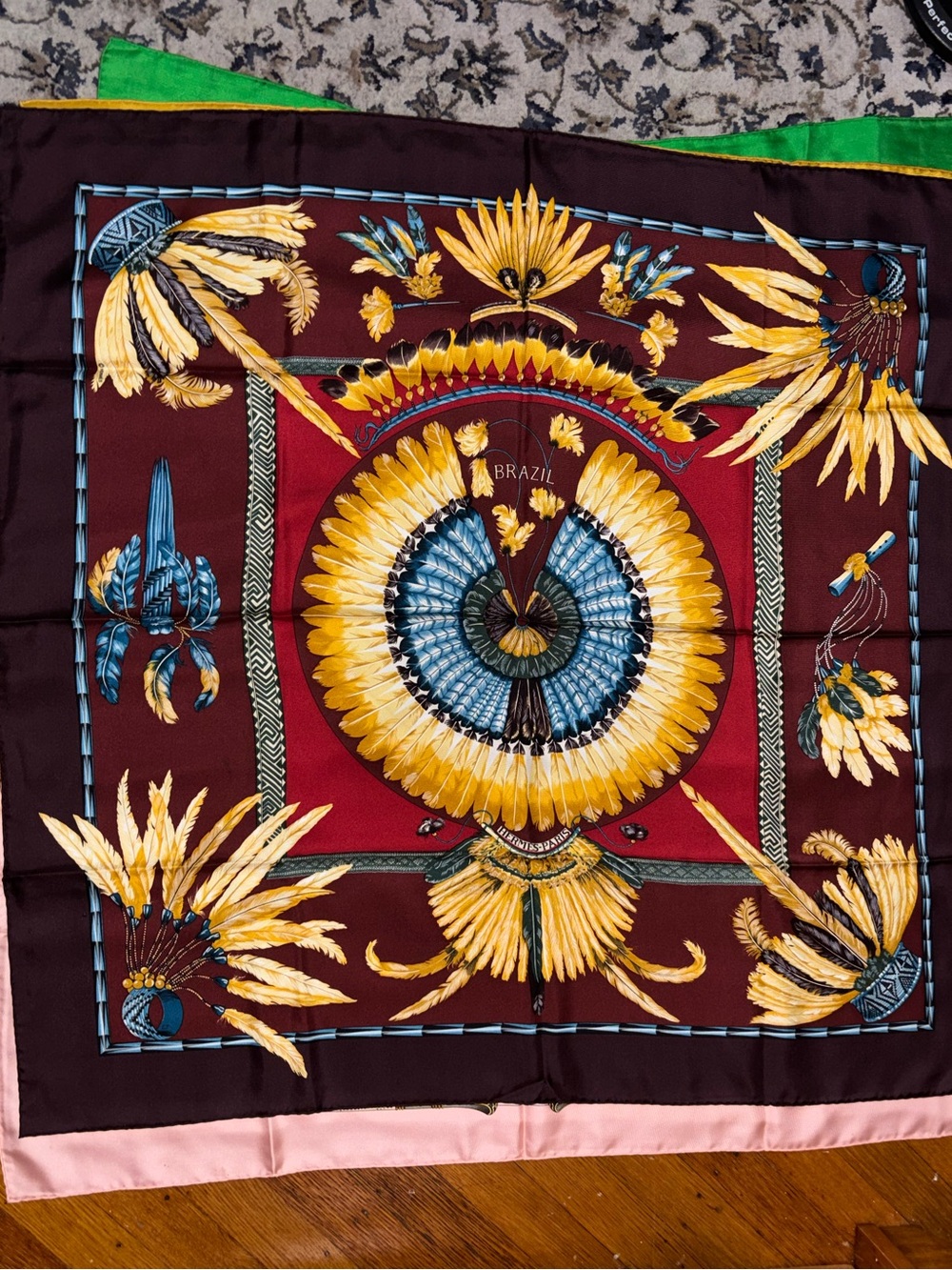 Hermes Burgundy Silk Scarf with Yellow, Blue, Green and Pink Accents